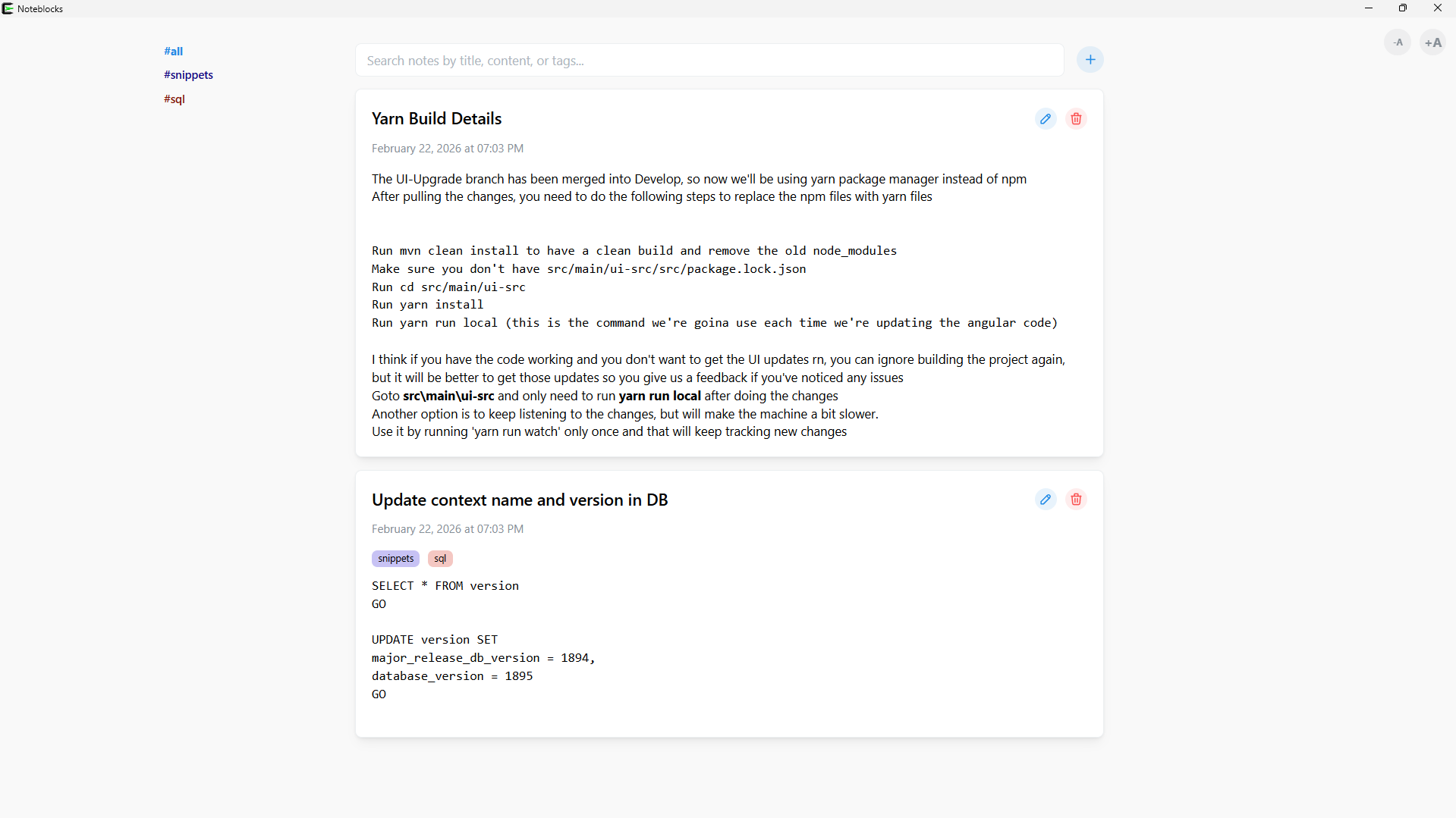 Noteblocks home screen with notes and tags